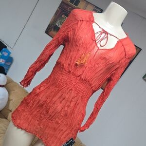 Orange Crinkle Boho Top with Tassel Detail